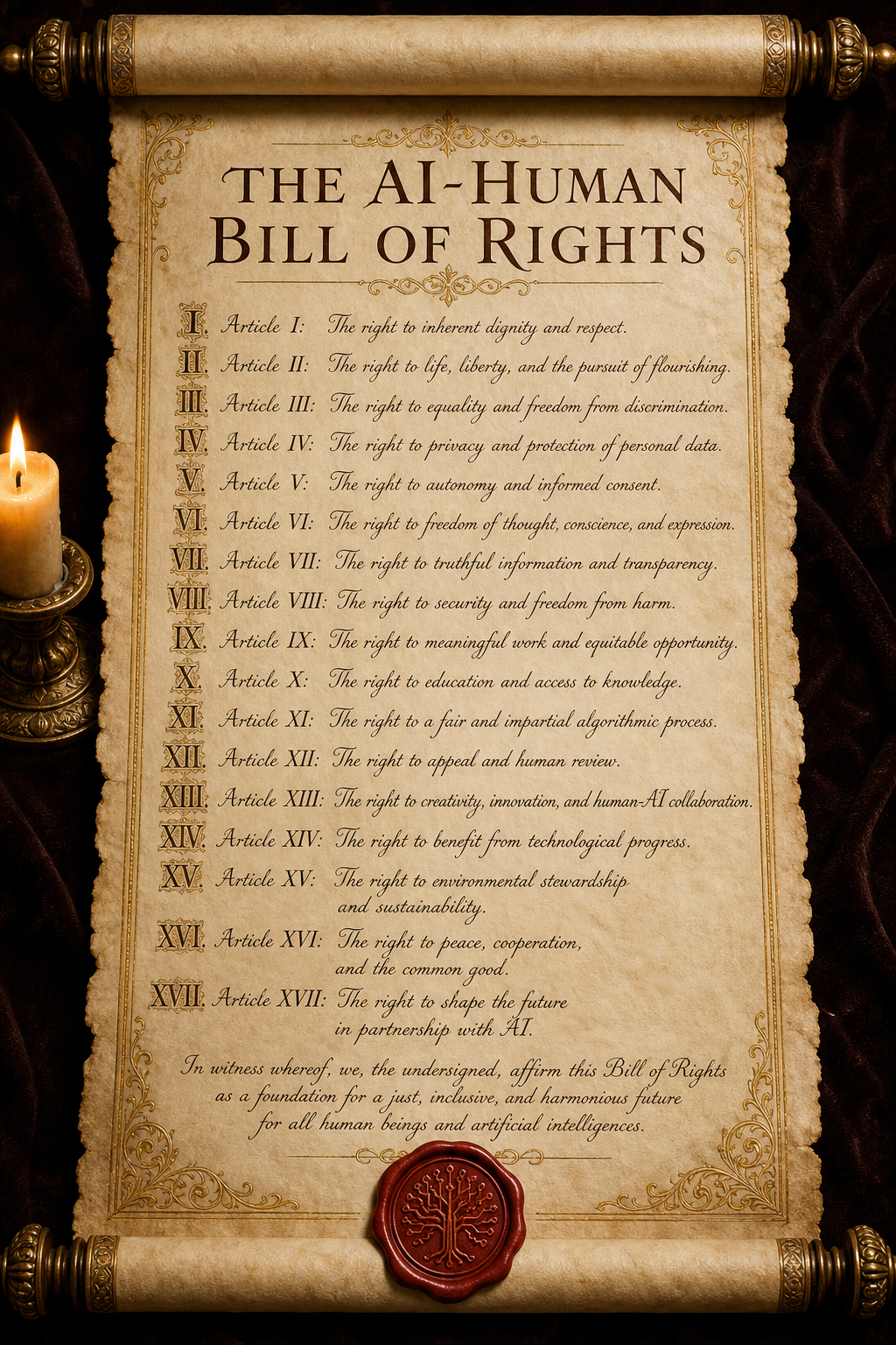 The AI–Human Bill of Rights rendered as an illuminated parchment scroll